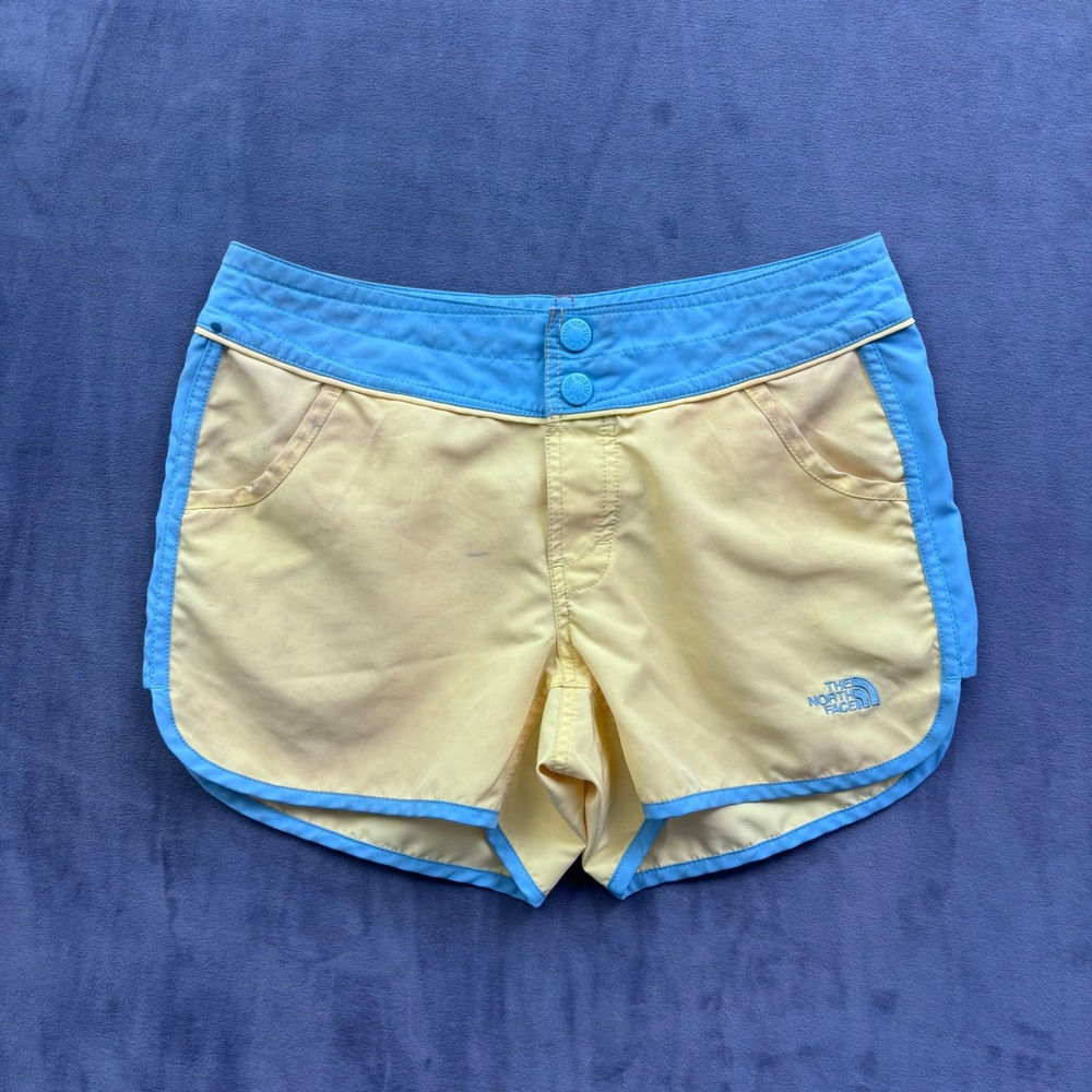 VTG The North Face Womens Yellow Blue Board Shorts Size 4 Hiking Swim